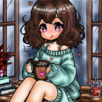 cute anime girl reading book and drinking hot chocolate from mug with loose wavy hair wearing a baggy sweatshirt and shorts sitting by windowsill looking out