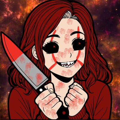 a realistic girl holding a knife and grinning