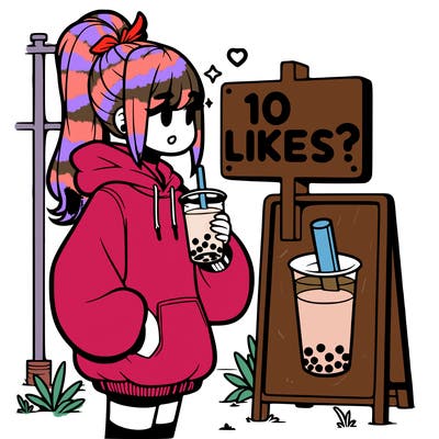 girl with oversized hoodie drinking boba and she has a high ponytail with a sign that says 10likes?