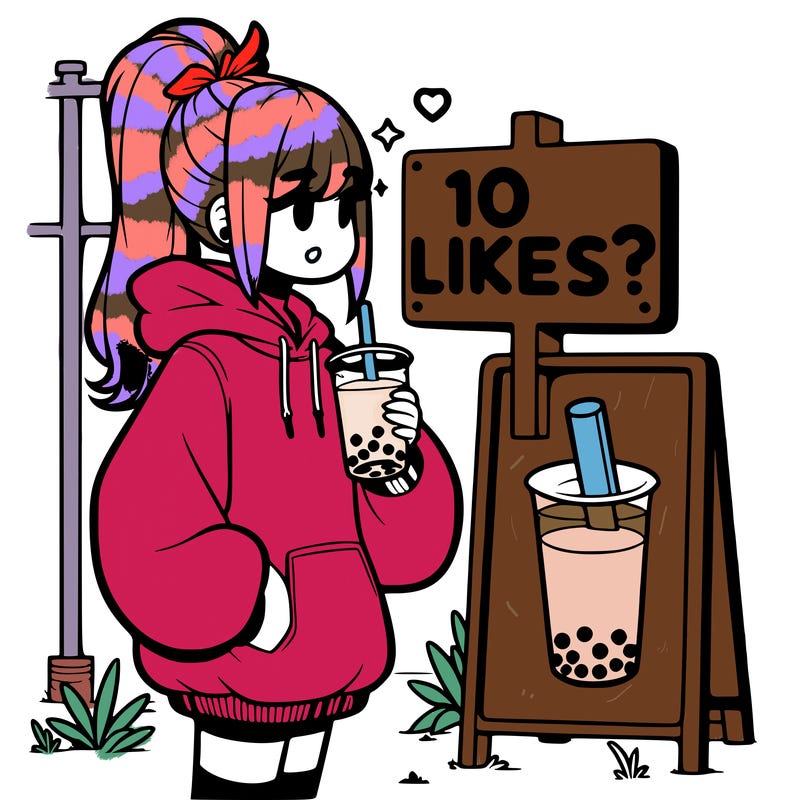girl with oversized hoodie drinking boba and she has a high ponytail with a sign that says 10likes?