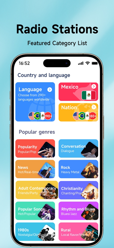 A mobile screen showing various radio station categories like country language and popular music genres