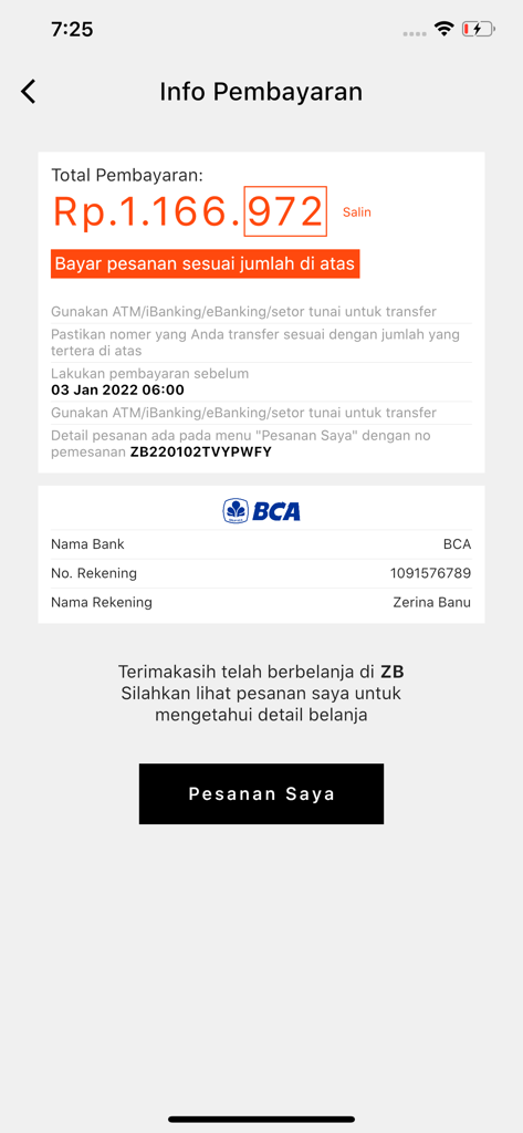 ZB - Payment details screen in the Zerina Banu app showing total amount and bank transfer information.