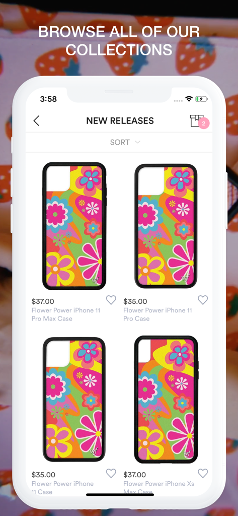 Wildflower Cases - Uno screenshot dell'app Wildflower Cases che mostra cover colorate per iPhone con motivi floreali della collezione Flower Power nella sezione delle nuove uscite.