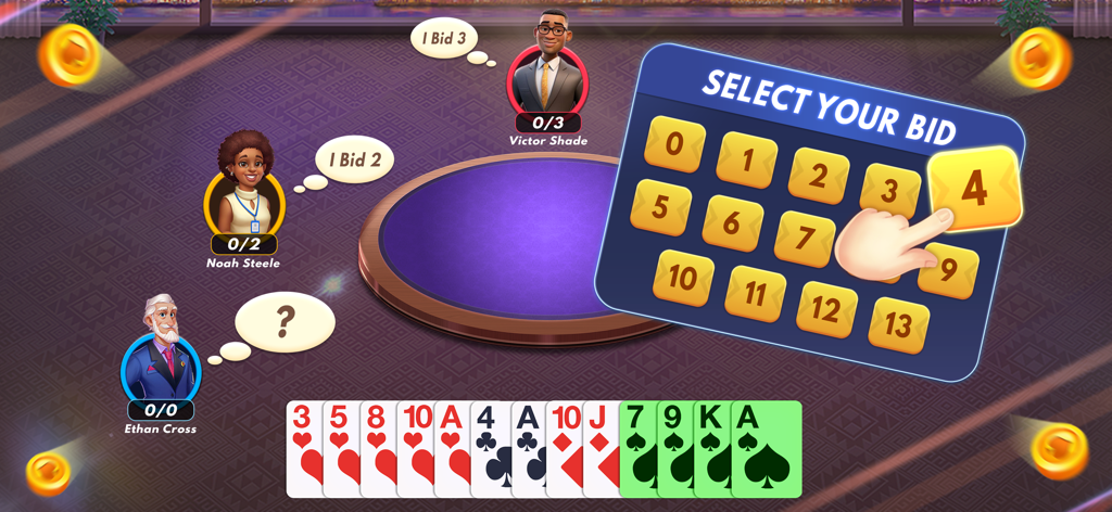 Spades Multiplayer - Um jogador selecionando seu lance durante uma partida no jogo de cartas Spades Multiplayer.