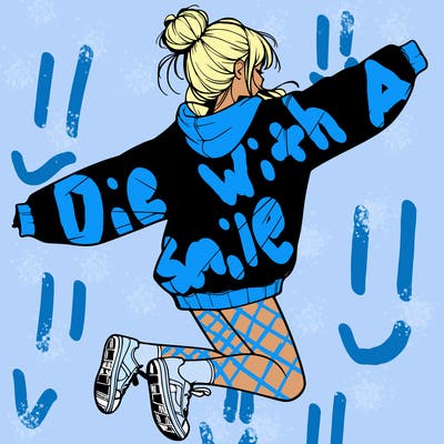 realistic girl jumping with a bun and oversized sweatshirt