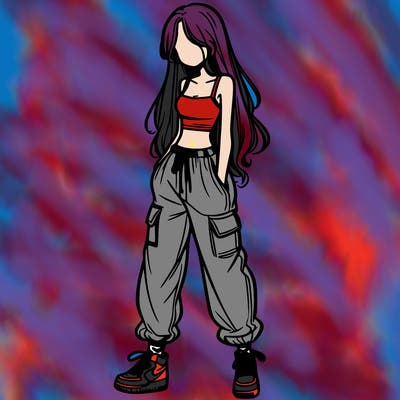 girl in baggy pants crop top and long hair