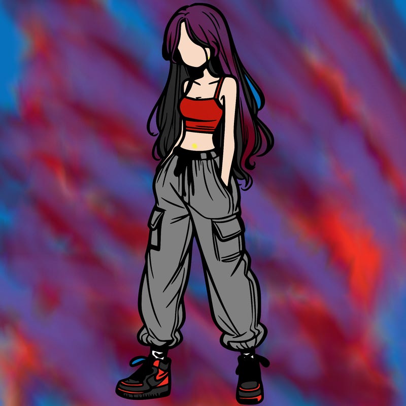 girl in baggy pants crop top and long hair