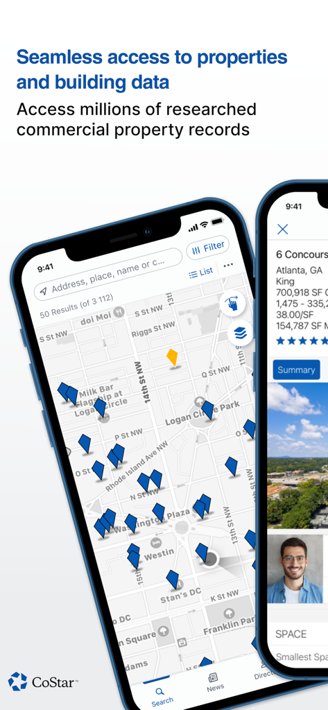 CoStar app interface showing a map of commercial property listings and researched building data