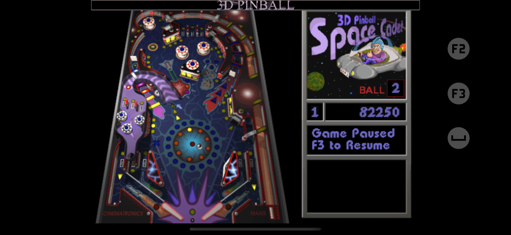Captura de pantalla del juego 3D Pinball Space Cadet mostrando la clásica mesa temática del espacio púrpura y el marcador