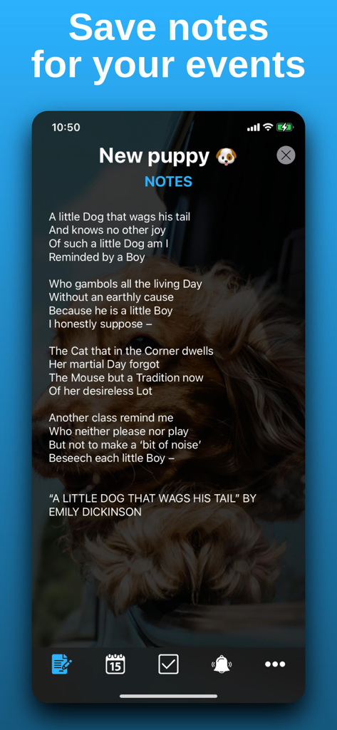 Countdown with widget - Smartphone screen displaying custom notes for a new puppy countdown event with a dog background