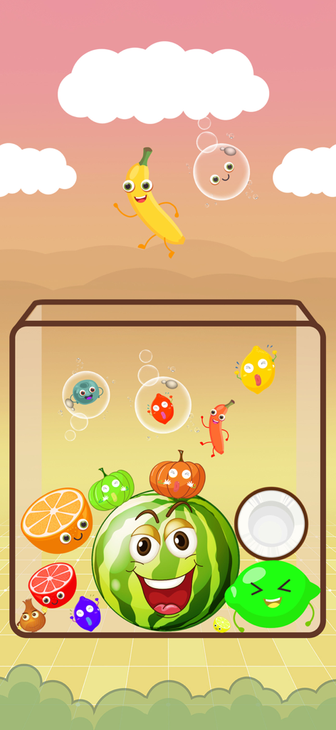 Watermelon Game: Fruits Merge - Pantalla de juego de Watermelon Game Fruits Merge mostrando lindas frutas animadas fusionándose en un contenedor