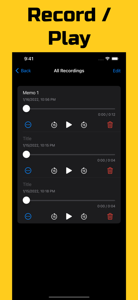 Voffect - Voice effect changer - Interface showing a list of voice recordings with playback and edit options