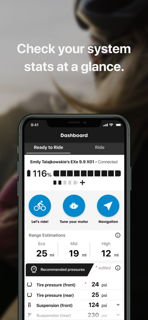 Trek Central - Trek Central app dashboard showing ebike battery status and range estimations