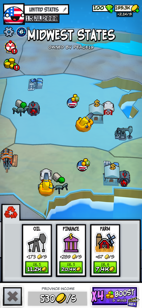 Gameplay screenshot showing Midwest States map with oil finance and farm resource upgrades in Country Balls State Takeover
