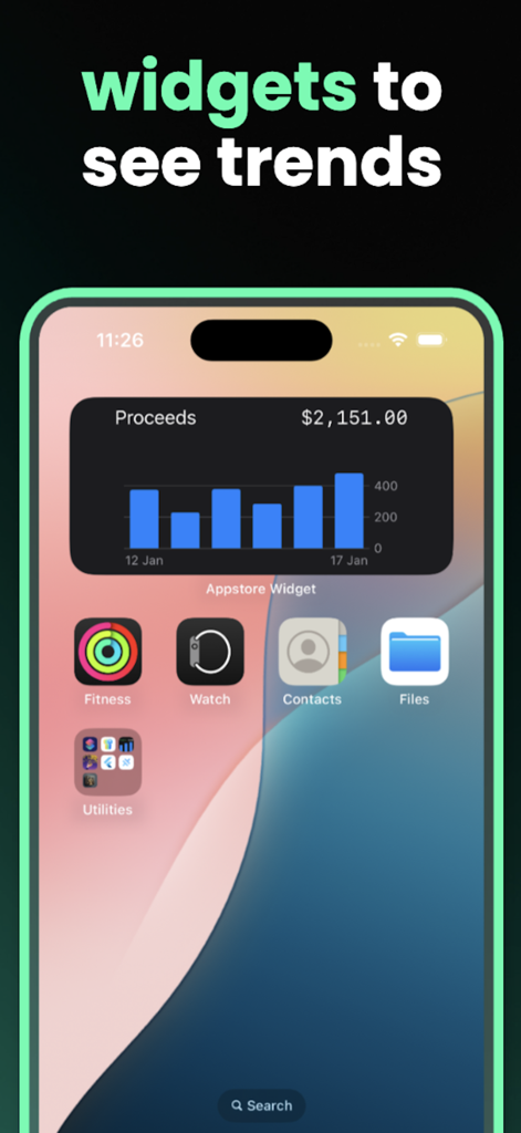 iPhoneのホーム画面。アプリの収益と売上トレンドを示すウィジェットが表示されている