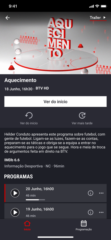 BTV Online - Exibição do aplicativo móvel BTV Online de uma visão geral do programa esportivo com opções de reprodução e agendamento