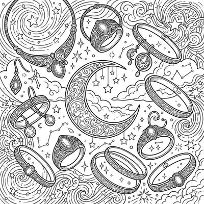 Explore an exquisite collection of silver jewelry, intricately designed and scattered across a magical night sky. This enchanting coloring page features elegant rings, necklaces, and bracelets amidst a celestial backdrop of moons and stars, perfect for a relaxing creative escape.