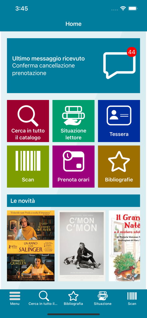 BinP - Pantalla de inicio de la aplicación BinP que muestra iconos de navegación para la búsqueda en el catálogo de la biblioteca, escaneo de código de barras y bibliografías.