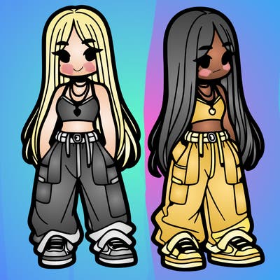 girl in baggy pants crop top and long hair