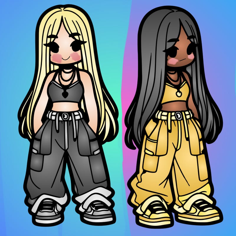 girl in baggy pants crop top and long hair