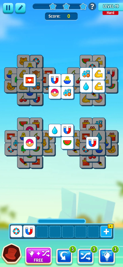 Tile Puzzle Game: Tiles Match - Capture d'écran du gameplay de Tile Puzzle Game montrant un plateau d'association de tuiles avec des icônes au niveau 19.
