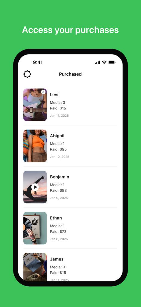 Silcoo for VIP Buyers - A mobile screen showing a list of purchased digital content from various creators on the Silcoo app.