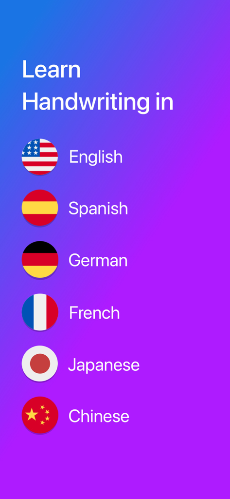 Writey Cursive Handwriting - Lista de idiomas para practicar caligrafía en la aplicación Writey, incluyendo inglés, español, alemán, francés, japonés y chino