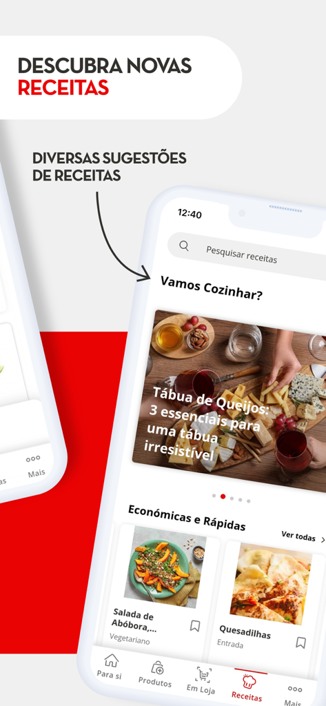 Continente Siga app screen showing personalized recipe suggestions and quick meal ideas for busy parents.