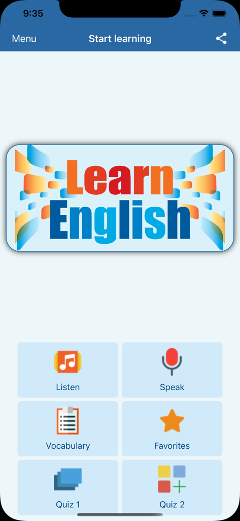 English Speaking Listening Pro - Main menu of the English learning app featuring icons for listening speaking vocabulary and quizzes