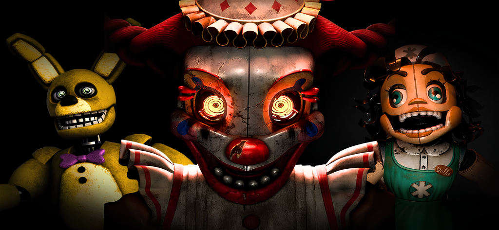 Fnaf Secret of the Mimic Mod - Three creepy animatronic characters from Fnaf Secret of the Mimic Mod including a central clown with glowing eyes