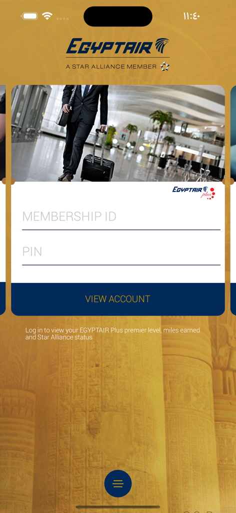Tela de login do programa de fidelidade Egyptair Plus com campos para ID de membro e PIN