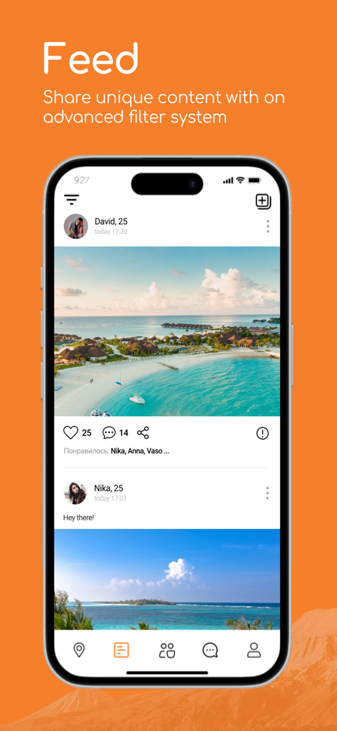 ArmFriend - Armenian community - Interfaz de la aplicación ArmFriend que muestra un feed de redes sociales con publicaciones de fotos de miembros de la comunidad armenia