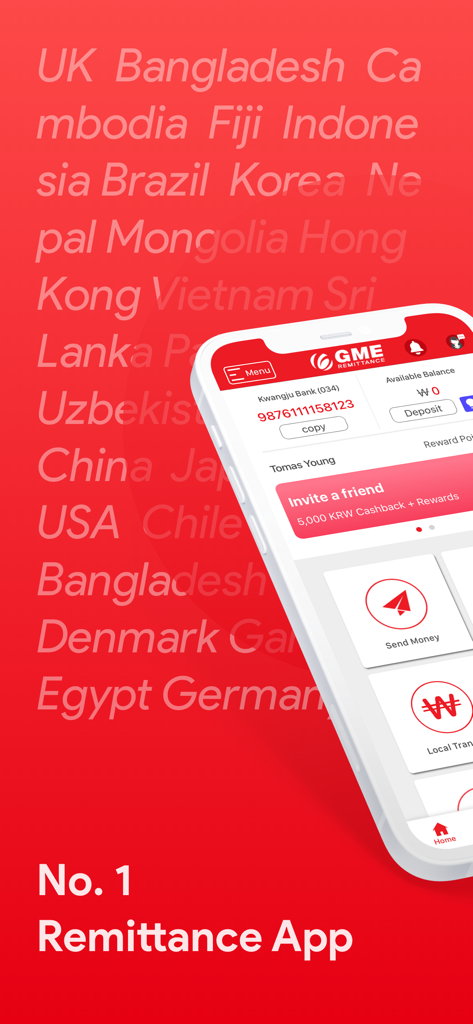 GME Remit - Uno smartphone che mostra l'interfaccia dell'app GME Remit con opzioni per trasferimenti di denaro internazionali su sfondo rosso con nomi di vari paesi.