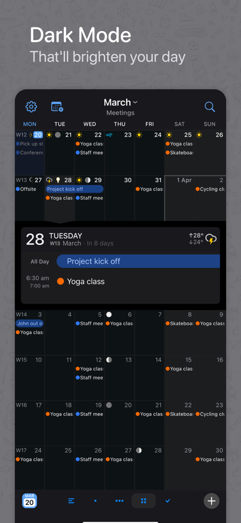 BusyCal app showing a monthly calendar with events and tasks in dark mode