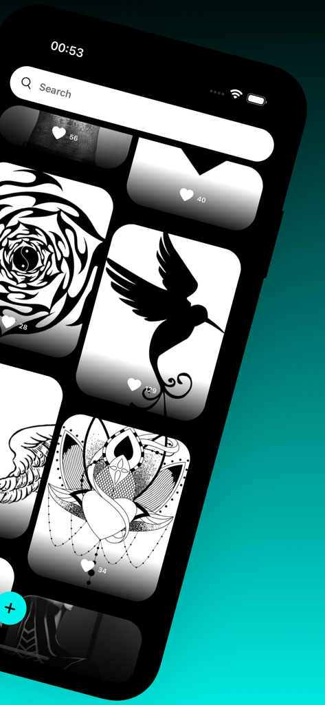 Galerie von Tattoo-Designs innerhalb der TattooTune App, die verschiedene Stile und Like-Anzahl zeigt.