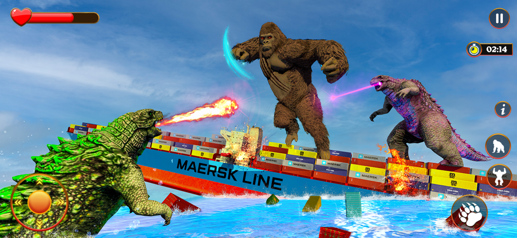 Un gorila gigante luchando contra dos dinosaurios en un barco de carga en medio del océano