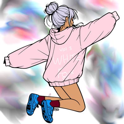 realistic girl jumping with a bun and oversized sweatshirt