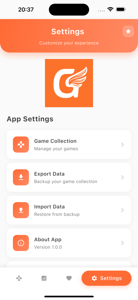 Settings screen of the GG Game Space app featuring options for managing game collections and data backups.