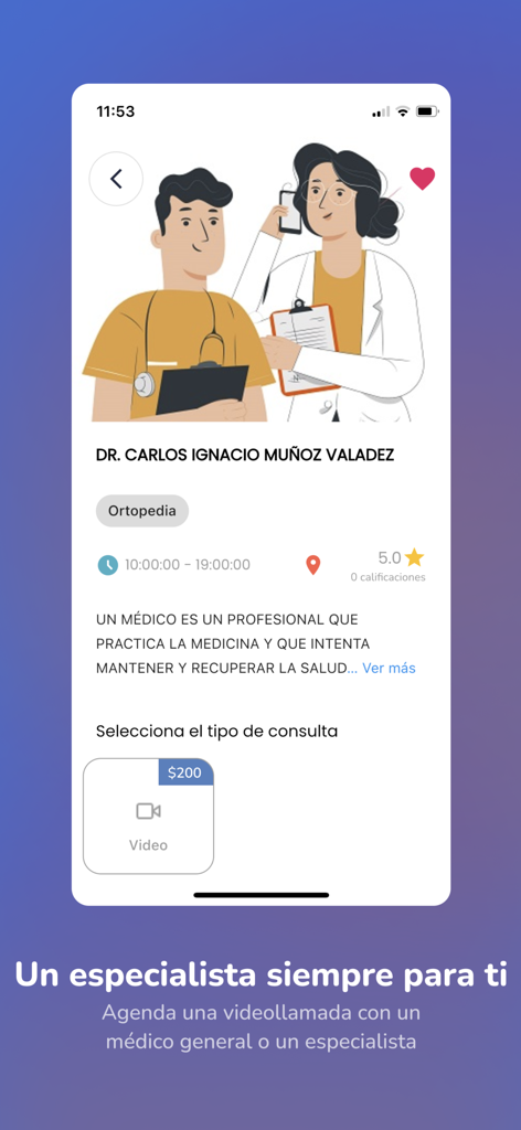 VRIM Connect - Profile of an orthopedic specialist in the VRIM Connect app with video consultation booking options.