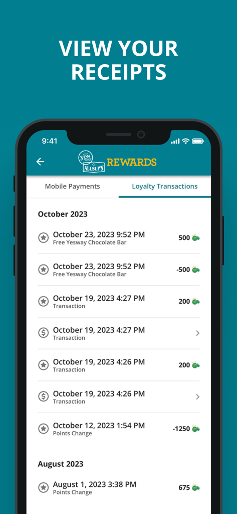 Yesway & Allsup’s Rewards - Digital receipts and loyalty transactions screen in the Yesway and Allsups Rewards app