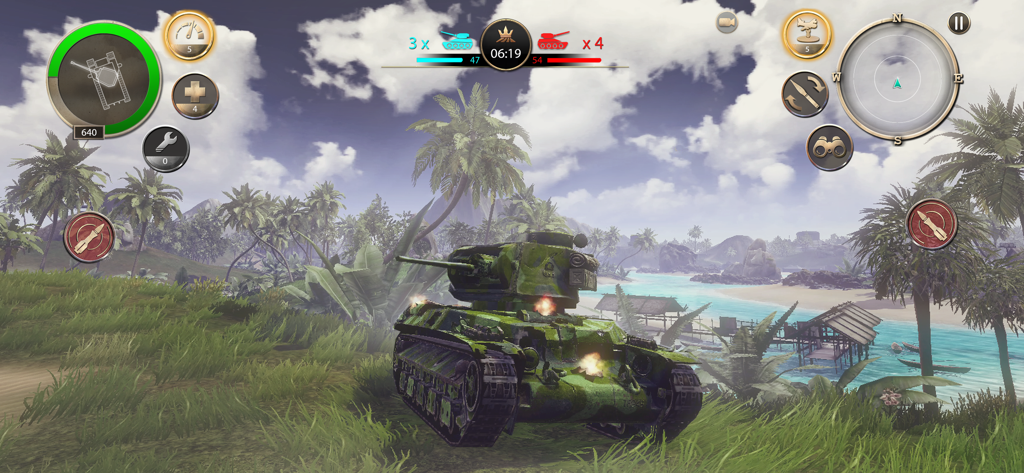 Infinite Tanks WWII - A camouflage tank in a tropical island battle environment in Infinite Tanks WWII.