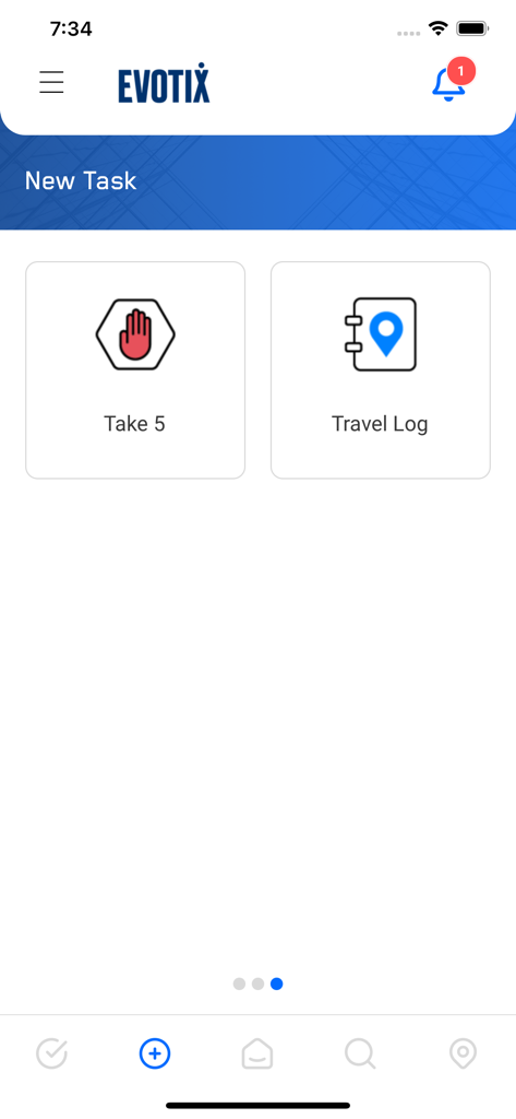 Interface de l'application mobile Evotix Roam montrant l'écran Nouvelle tâche avec les options Take 5 et Travel Log.