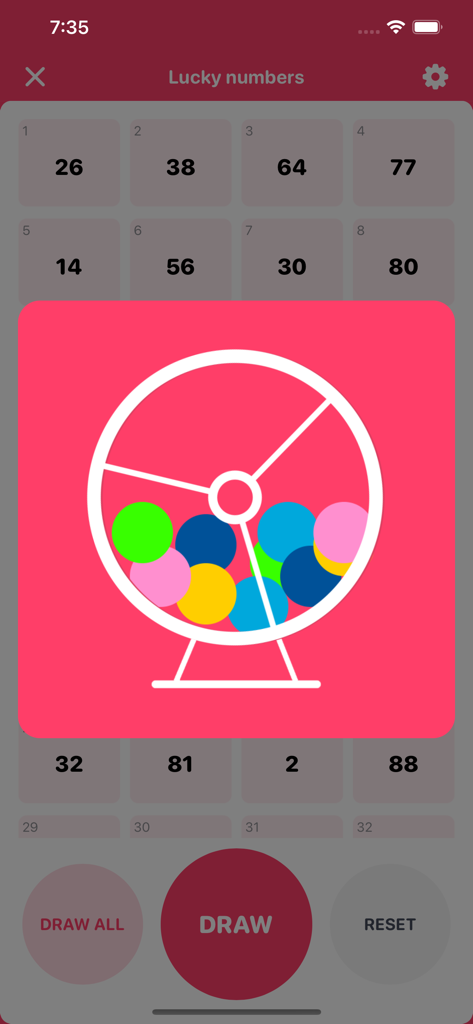 Lucky Draw - Random Picker - Interface do aplicativo Lucky Draw mostrando uma animação de globo de sorteio para selecionar números aleatórios