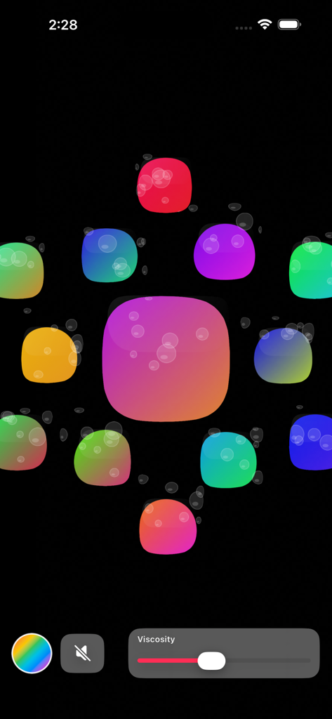 Sensory Slimes - Interface de l'application Sensory Slimes avec des formes rondes colorées et des réglages de viscosité