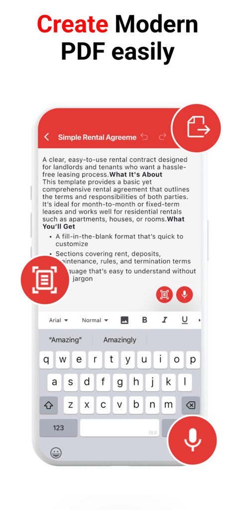 PDF Reader, Editor & Scanner + - Creating a rental agreement document using the PDF editor app on a smartphone