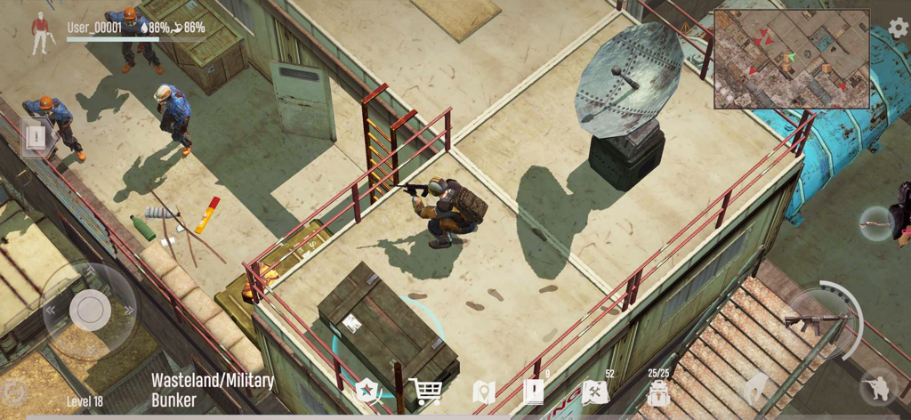 Top-Down-Survival-Gameplay in einem Militärbunker mit Zombies in Dead God Land.