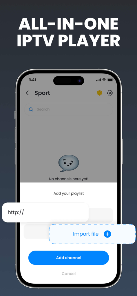 Smart IPTV Play App-Oberfläche mit Optionen zum Hinzufügen einer Playlist über URL oder Dateiimport