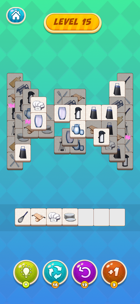 Kitchen Match - A screenshot of Kitchen Match mobile game level 15 featuring kitchen item tiles like graters and chef hats