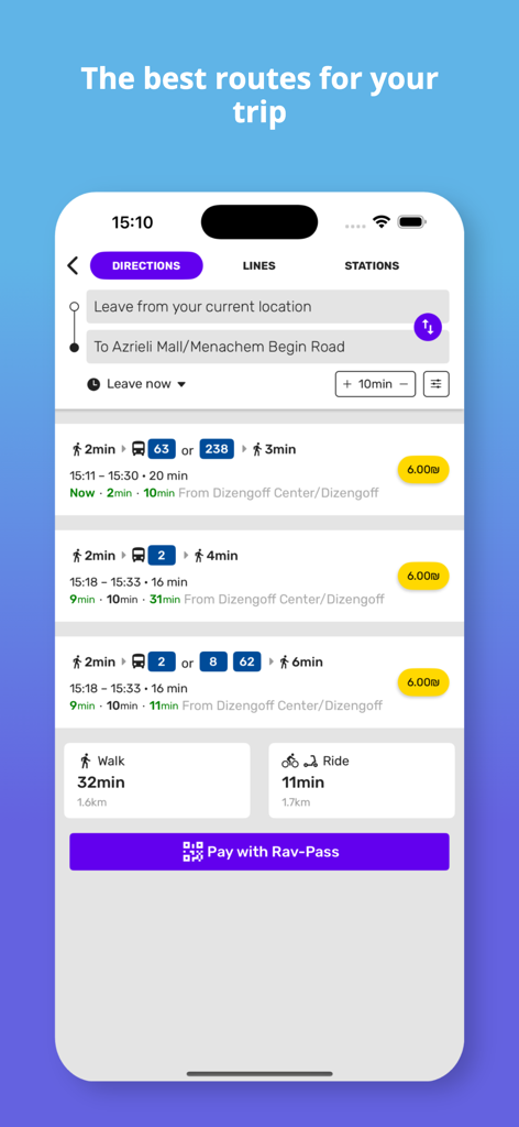 אוטובוס קרוב - Bus Nearby - Interface of the Bus Nearby app showing route options and travel times for public transit in Israel.
