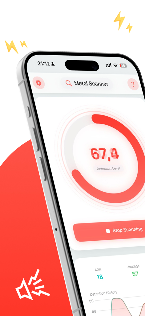 Mobile app interface for metal detection with circular gauge and scanning history graph